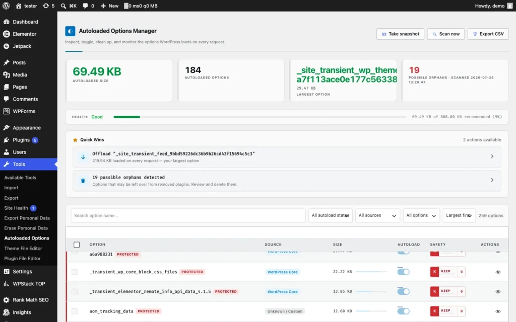 Autoloaded Options Manager dashboard overview with health bar and quick wins