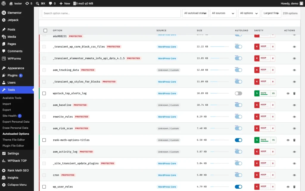 Autoloaded Options Manager searchable options table with size ownership and safety verdicts