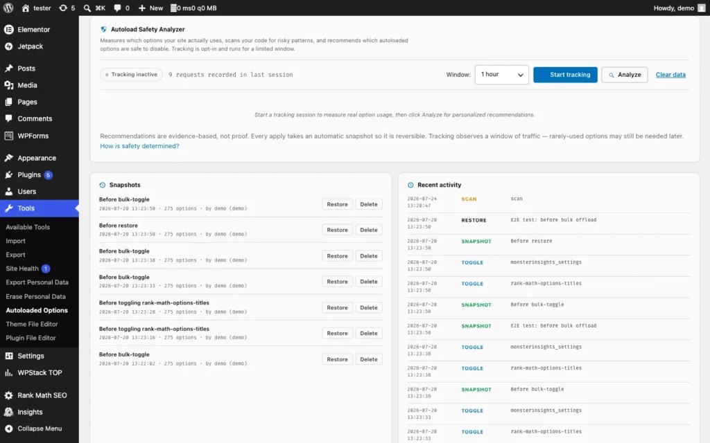 Autoloaded Options Manager safety recommendations and runtime tracking