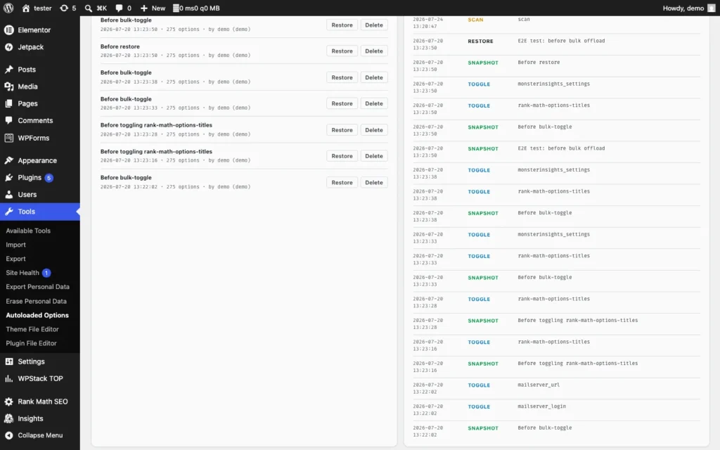 Autoloaded Options Manager snapshots activity log scheduled scans and settings