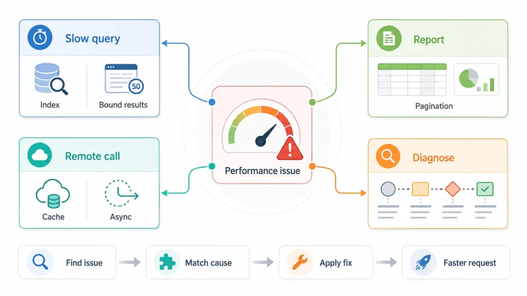 WordPress performance issue fixes for slow queries, remote API calls and large reports using indexes, caching, asynchronous processing and pagination.