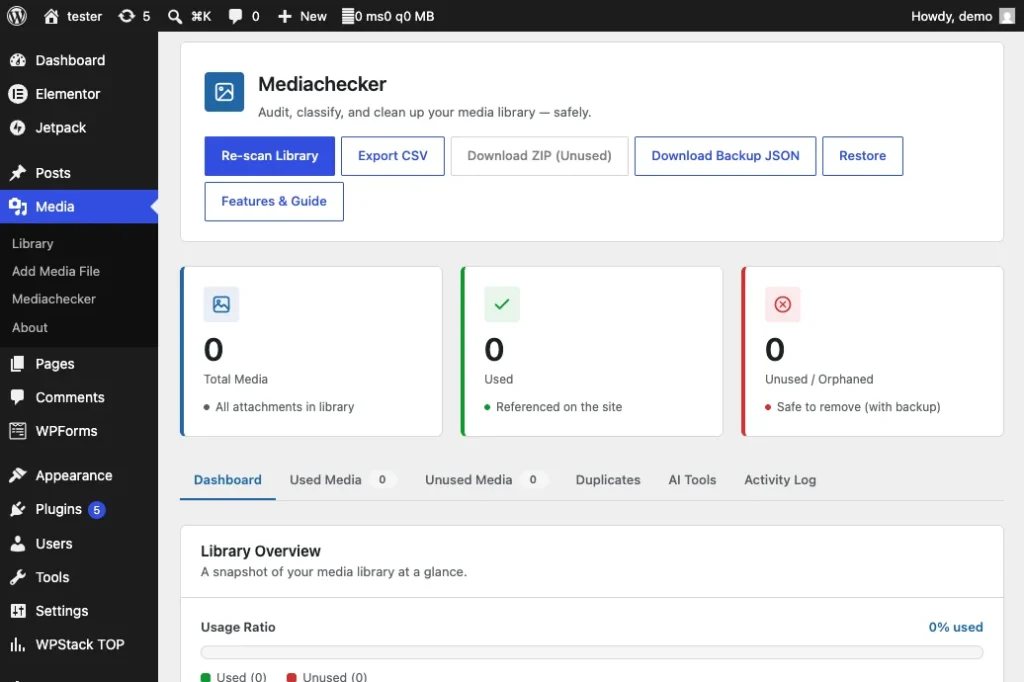 Mediachecker dashboard with scan statistics and storage estimate