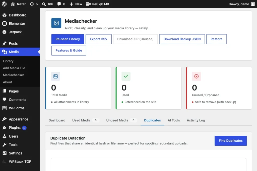 Mediachecker filename and content-hash duplicate detection