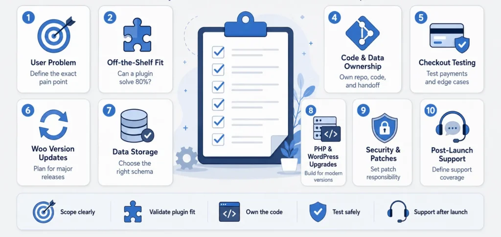 10-point pre-hire checklist for choosing a WooCommerce extension developer, covering scope, plugin fit, ownership, testing, updates, security, and support.