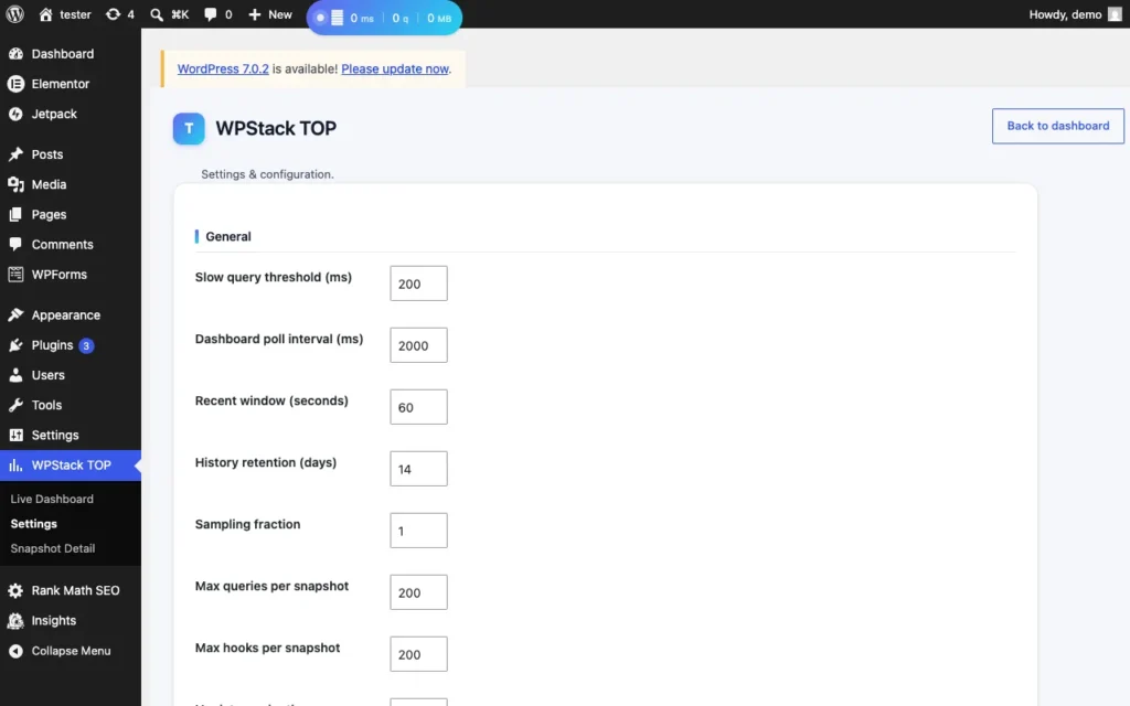 WPStack TOP Load Monitor settings page