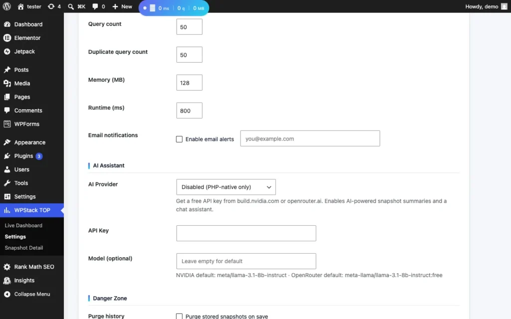 WPStack TOP Load Monitor AI provider settings