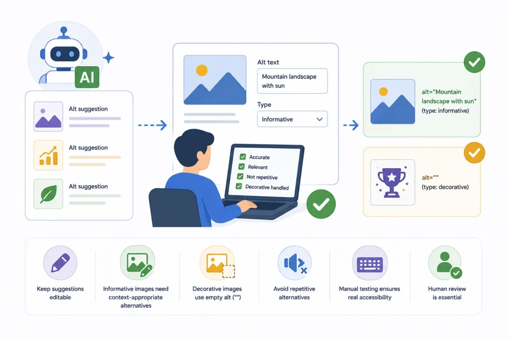 AI-assisted WordPress workflow for generating, reviewing, and approving descriptive image alt text for accessibility.