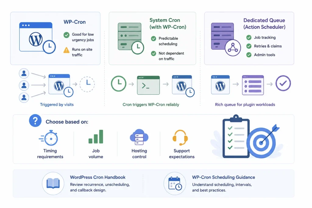 Comparison of WP-Cron, system cron, and dedicated queues for scheduling background jobs in WordPress plugins.