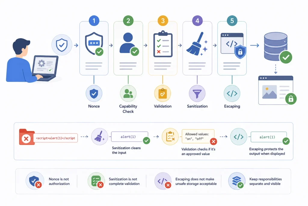 WordPress plugin security workflow showing nonce verification, capability checks, validation, sanitization, and output escaping.