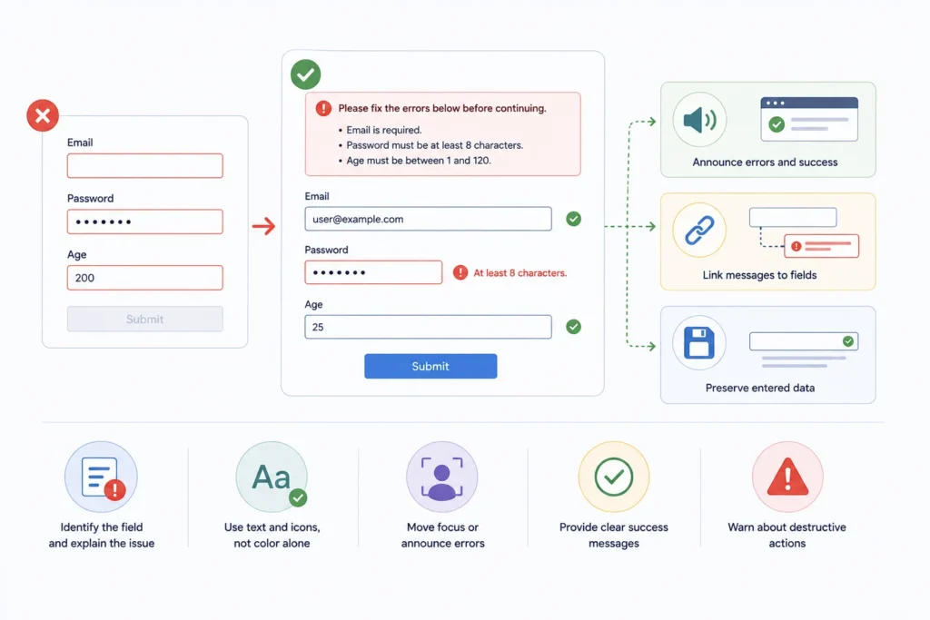 Accessible WordPress form validation showing clear field errors, linked messages, preserved data, and screen reader announcements.
