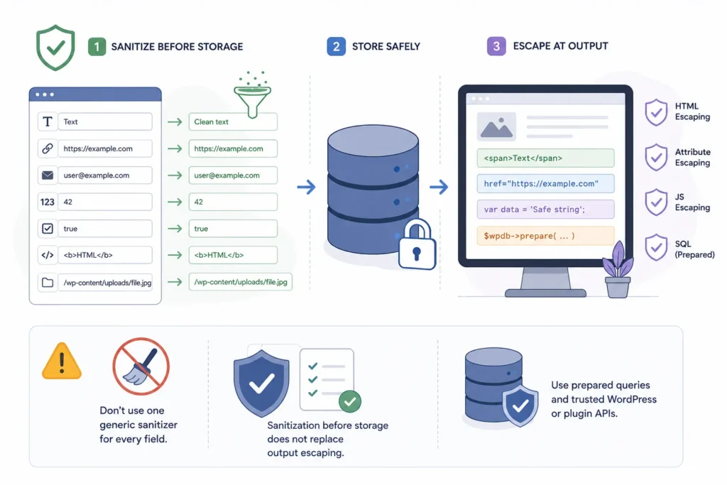 WordPress plugin data security workflow showing sanitization before storage, secure database handling, and context-aware output escaping.