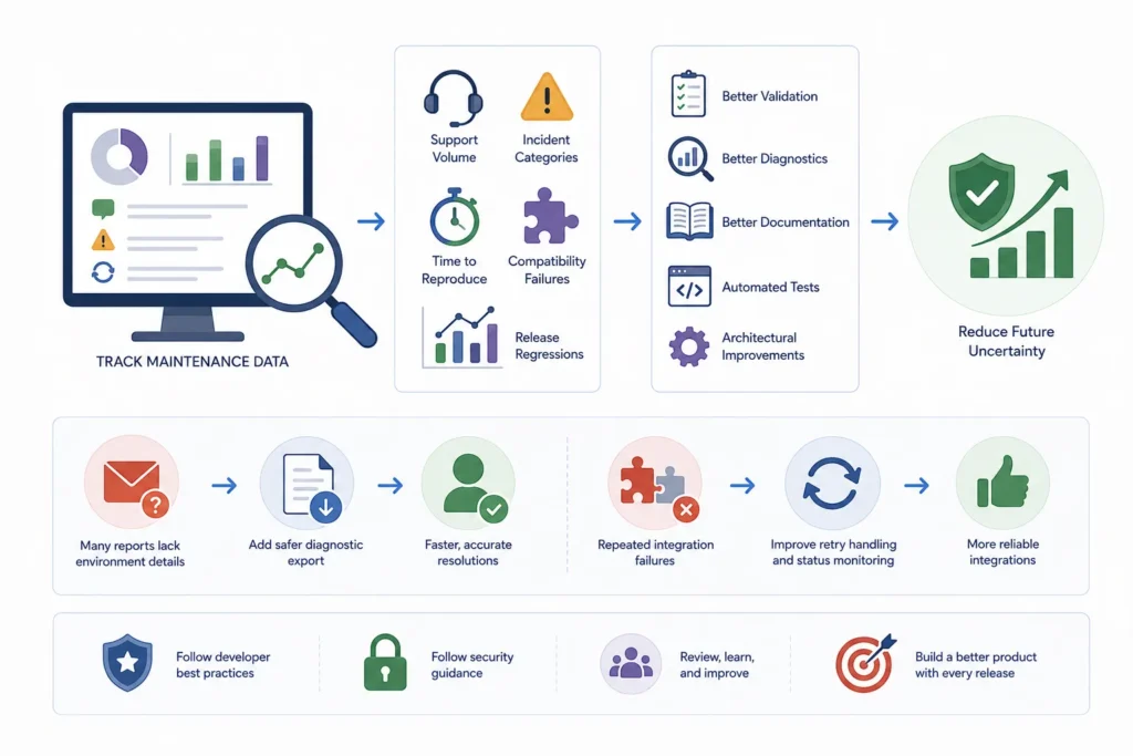 WordPress plugin maintenance data workflow showing support trends, incident categories, recurring issues, and product improvements.