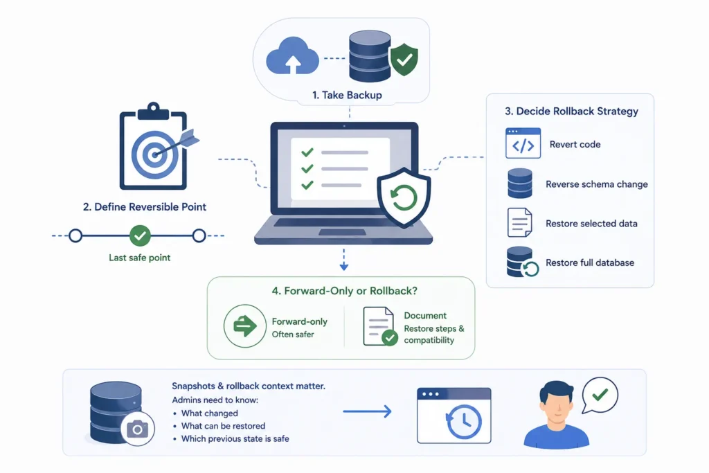 WordPress database migration rollback strategy showing backups, reversible migration points, rollback options, and forward-only recovery.