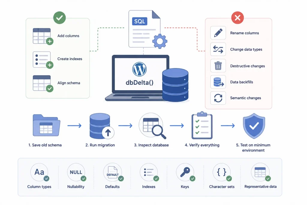 WordPress dbDelta workflow showing supported schema updates, unsupported database changes, migration testing, and database verification.