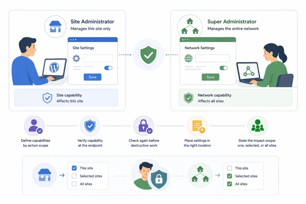 WordPress Multisite capability model comparing site administrator permissions with super administrator network-wide access.
