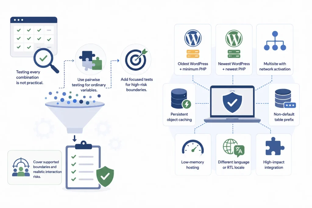 WordPress plugin compatibility testing workflow using pairwise coverage and high-risk environment combinations.