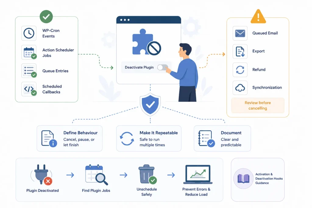WordPress plugin deactivation workflow showing review and cleanup of WP-Cron events, Action Scheduler jobs, queue entries, and scheduled callbacks.