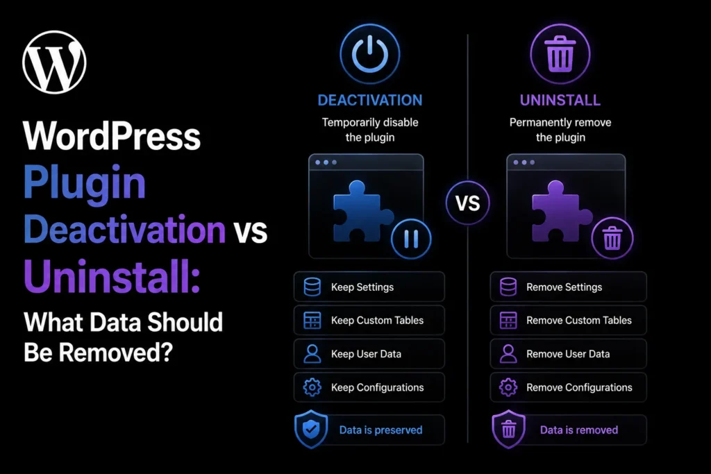 Comparison of WordPress plugin deactivation and uninstall processes, showing which settings, custom tables, user data, and configuration records should be preserved or removed.