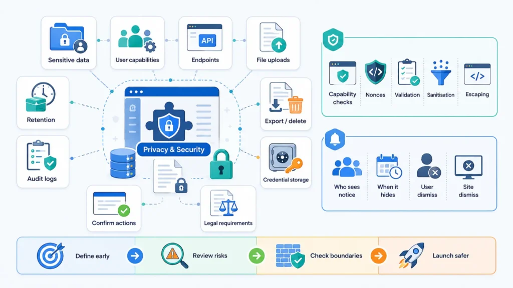 WordPress plugin privacy and security requirements covering sensitive data, user capabilities, API endpoints, file uploads, audit logs, credential storage and secure coding controls.