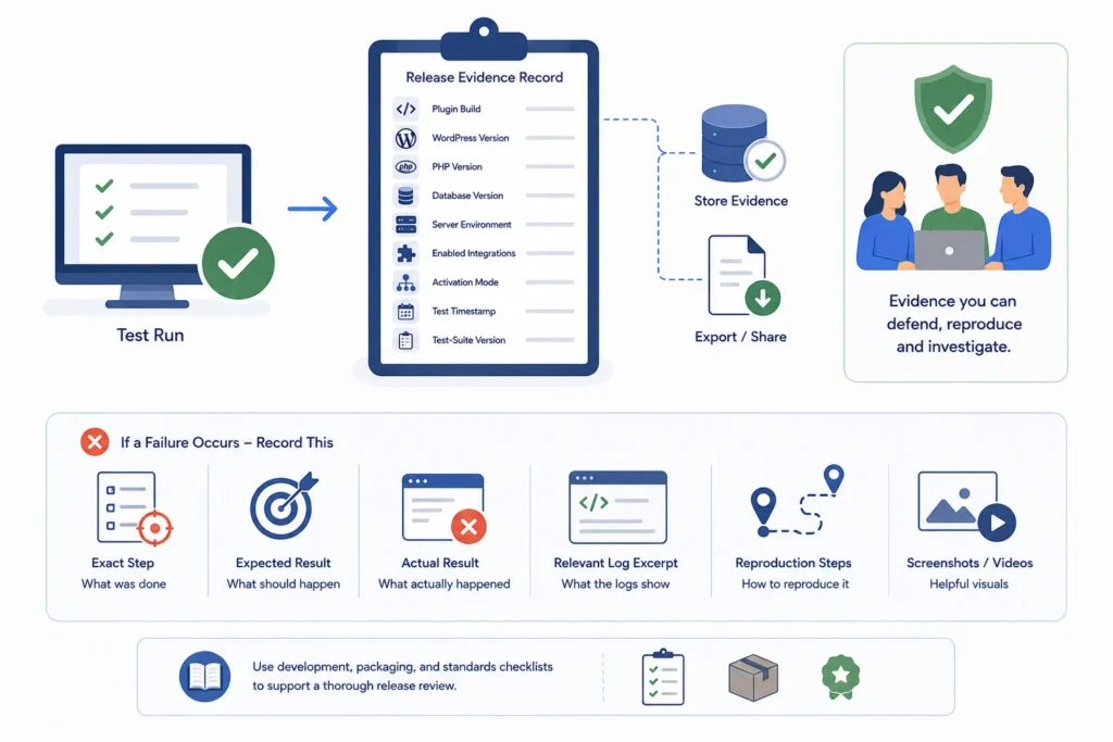 WordPress plugin release evidence workflow documenting test results, failures, logs, reproduction steps, and screenshots for each supported environment.