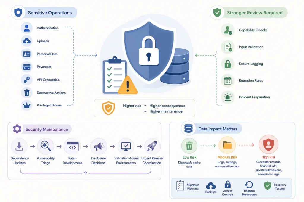 WordPress plugin security and data impact overview showing sensitive operations, stronger review requirements, and ongoing security maintenance.