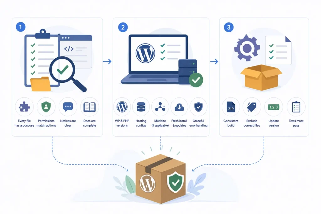 Three-step WordPress plugin submission workflow covering file checks, compatibility testing, security review, and final release packaging.