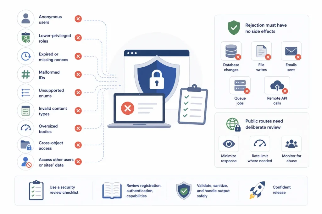 WordPress REST API negative security testing for unauthorized access, malformed input, invalid parameters, and side-effect prevention.