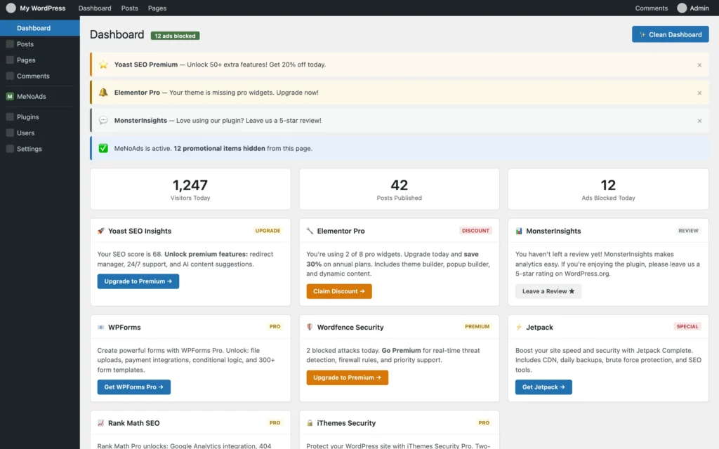 WordPress dashboard before MeNoAds with promotional notices