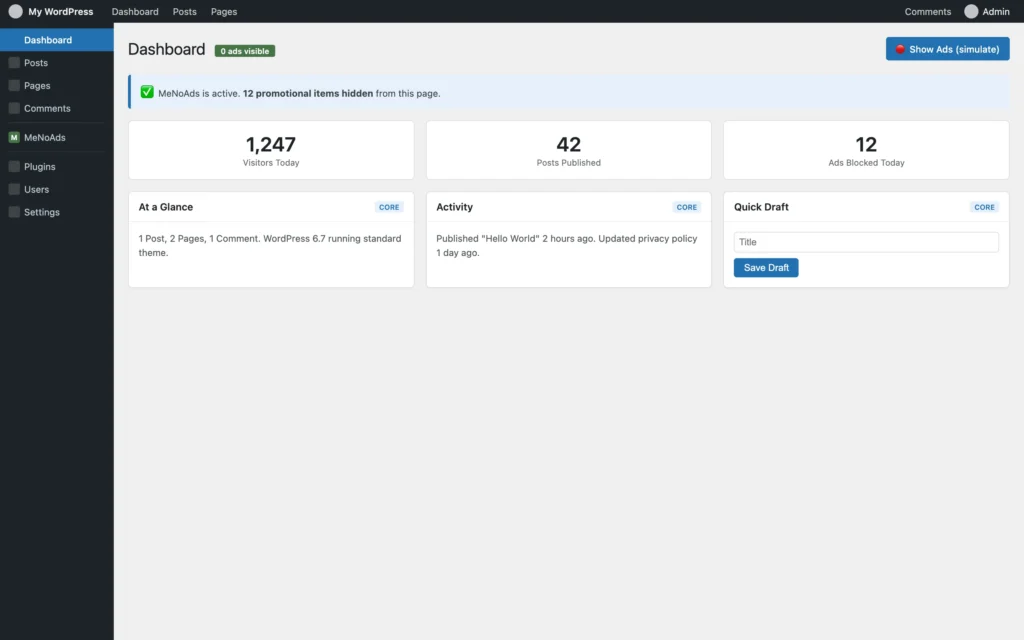 Clean WordPress dashboard after MeNoAds removes promotional clutter