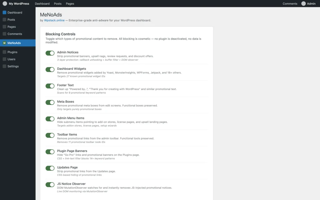 MeNoAds settings with individual blocking module controls