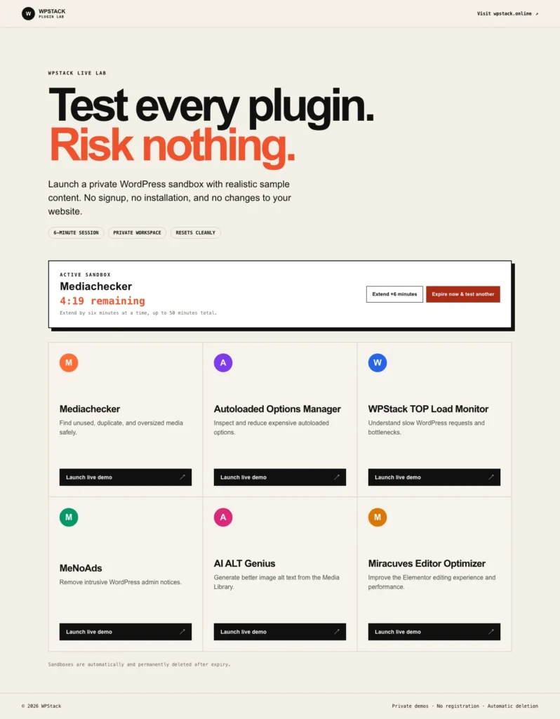Desktop view of a WPStack-powered WordPress plugin demo catalogue with an active private sandbox session.