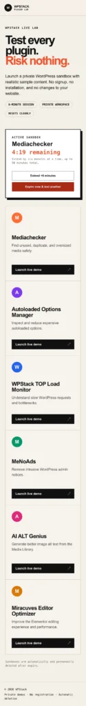 Mobile view of the responsive WPStack plugin sandbox catalogue and session controls.